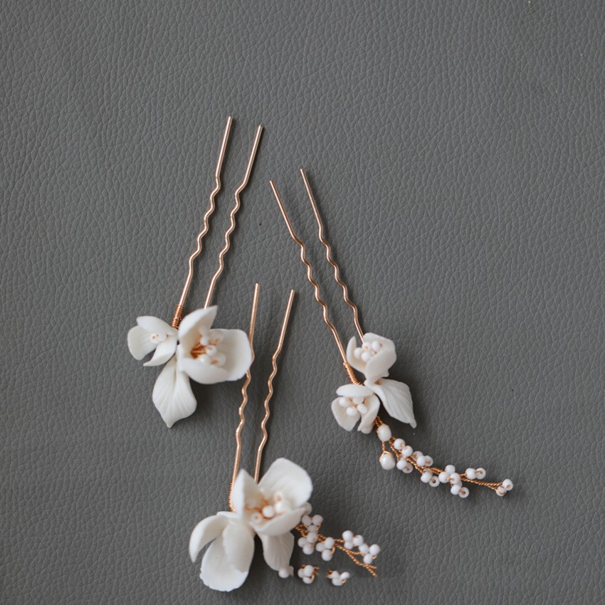 Handmade Ceramic Flower Beaded Hair Fork
