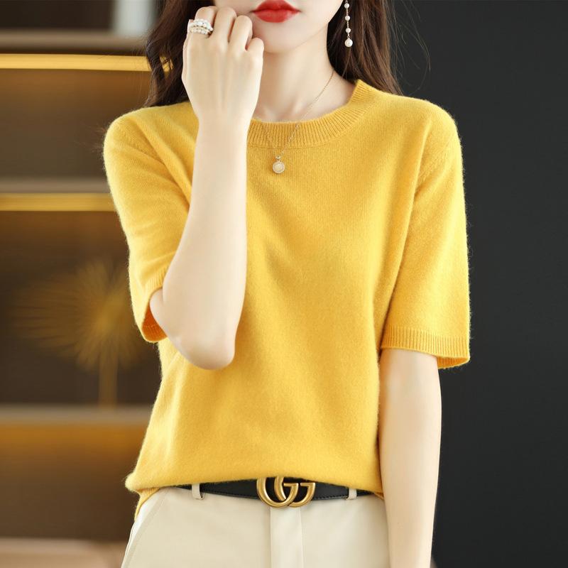 Knitted Short sleeved Loose T shirt Inner Sweater Turmeric 2Xl - Shop at LoveMi