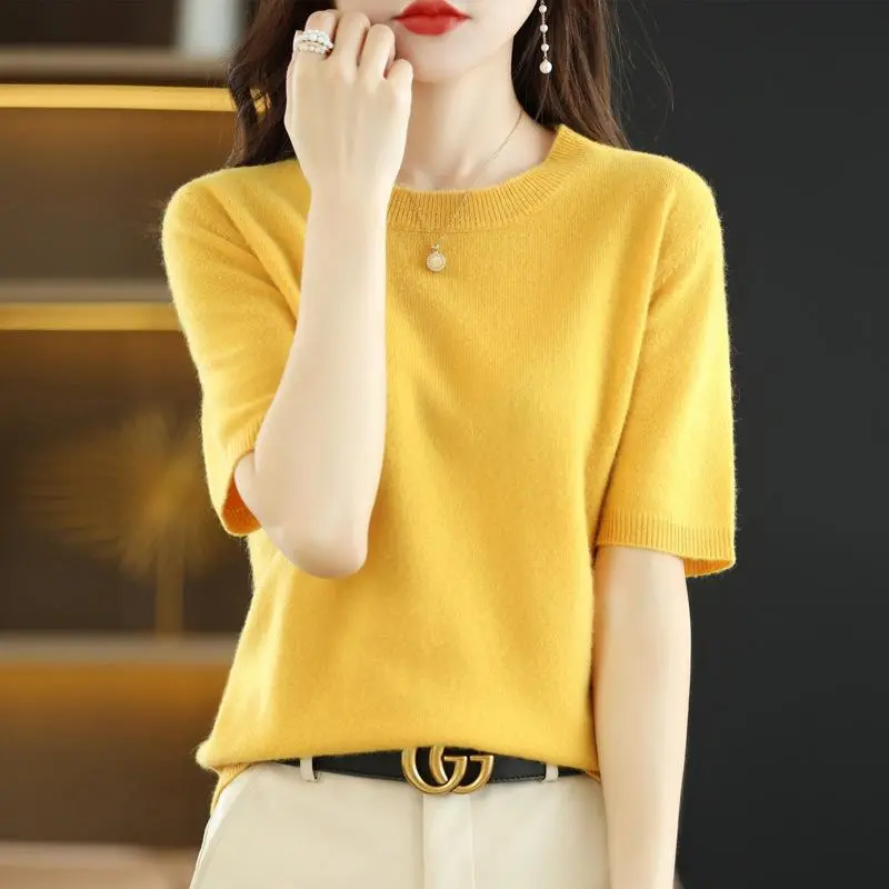 Knitted Short-sleeved Loose T-shirt Inner Sweater - Turmeric-2Xl