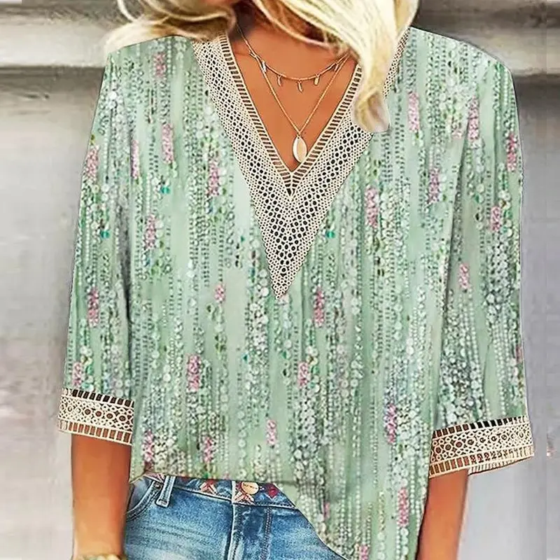 Cuff Printing Model Hot Sale Model Abstract V-neck Summer Thin Shirt