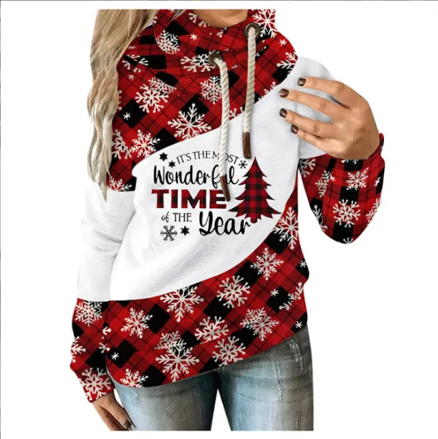 Loose Printed Contrast Color Fleece Hooded Casual Sweater D L - Shop at LoveMi