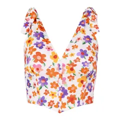 V-neck Fishbone Pleated Umbilical Tie Suspender Top Women - Printing - View 1