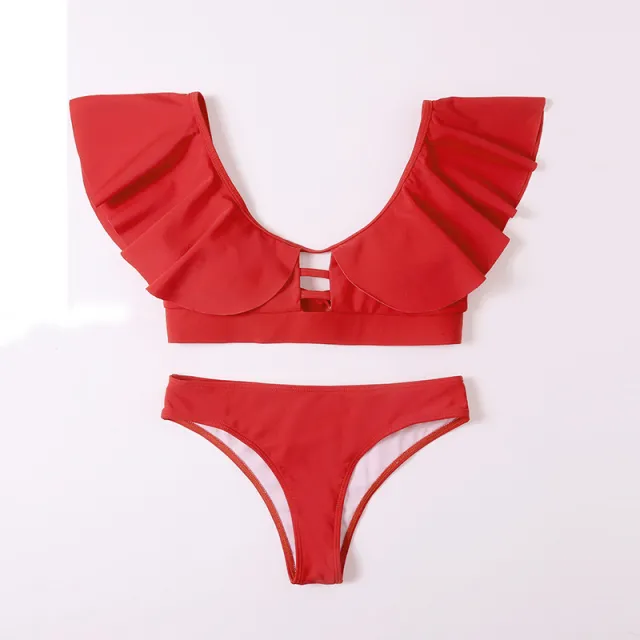 Ruffle Solid Tie Bikini Split Ladies Swimwear Red - Shop at LoveMi