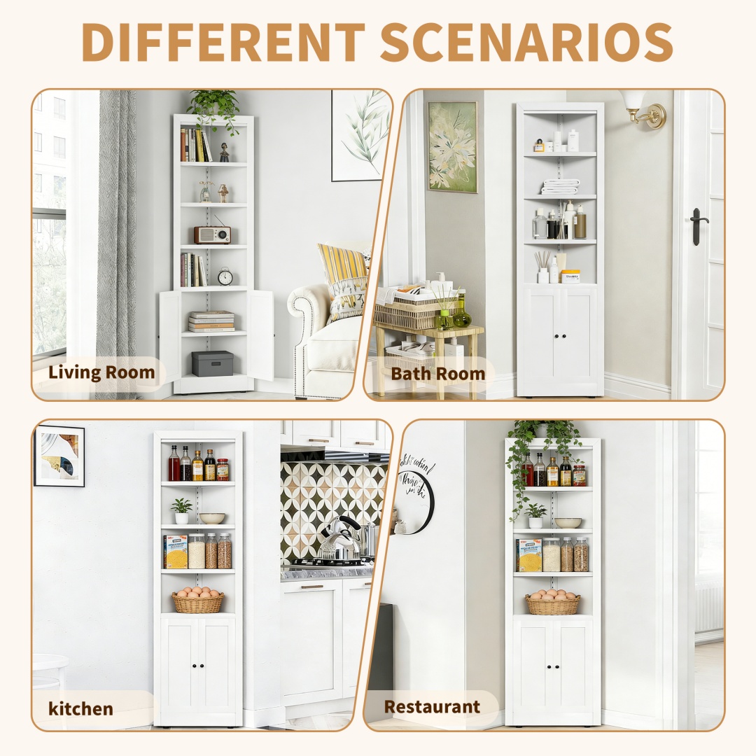 71in Tall Corner Storage Cabinet With 2 Doors, 5-Tier Metal Cabinet With Adjustable Shelves, Freestanding Kitchen Storage For Pantry, Living Room, Bathroom, Laundry Room, Space Saving Furniture, White