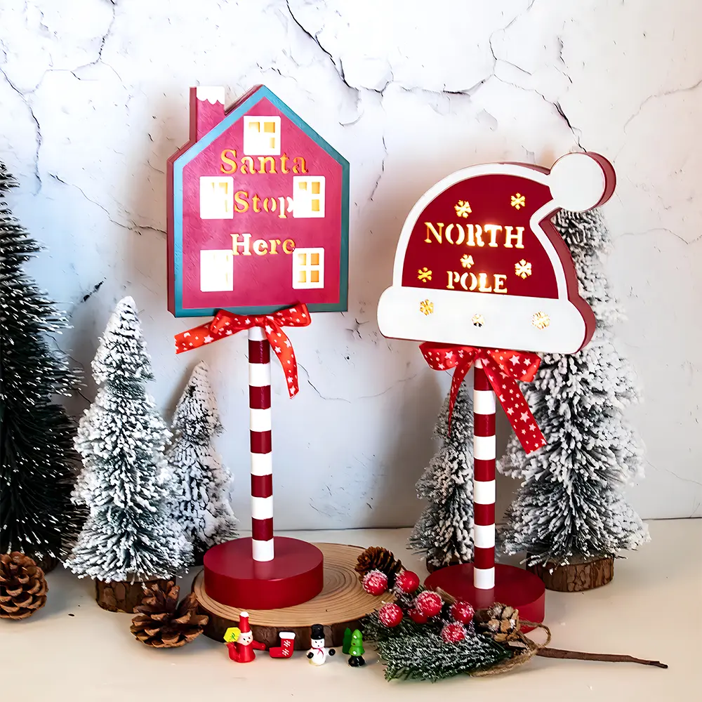 Christmas Retro Lamp Stop Here Street Sign N Orth Pole Sign Led Light Santa Wooden Desktop Decorations Xmas Decor New Year Party