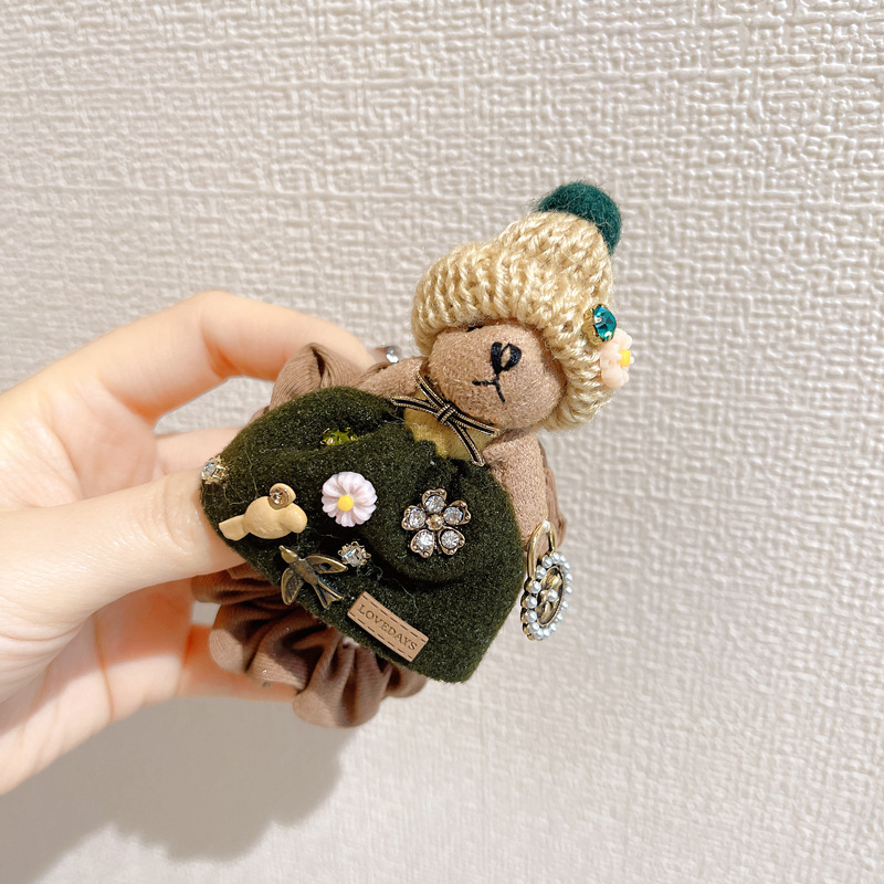 Girl Heart Cute Bear Plush Rhinestone Rubber Band Hair Ring