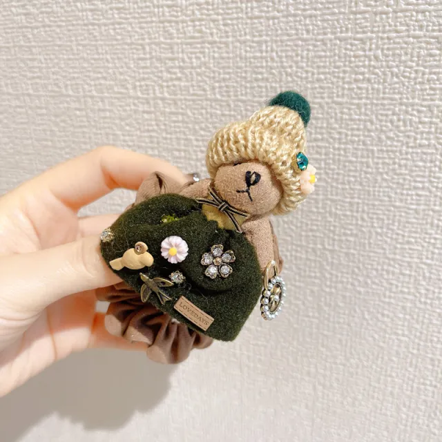 Girl Heart Cute Bear Plush Rhinestone Rubber Band Hair Ring Dark Green - Shop at LoveMi