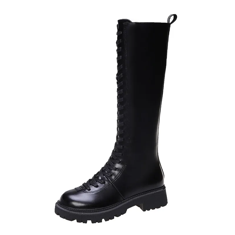 Retro Brown Boots Female Front Lace - Black