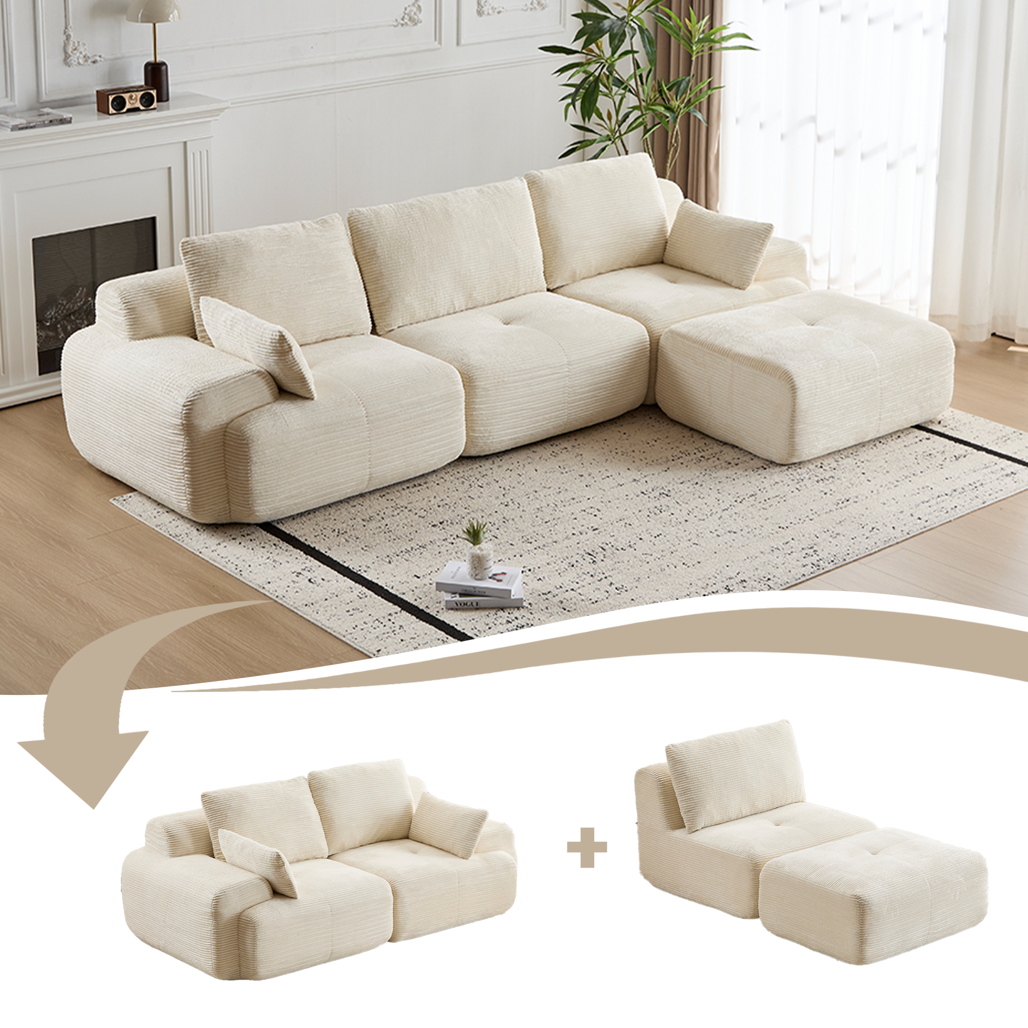 Modern Memory Foam Modular Sectional Sofa | Extra-Deep Corduroy Couch, Pet-Friendly, No Assembly Required – Beige - Image 7