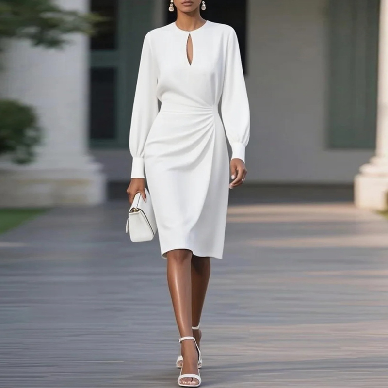 Women's Solid Color Ruffle Sleeve Bodycon Dress, Round Neck With Slit Detail Midi Dress For Spring And Summer White - Shop at LoveMi