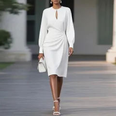 Women's Solid Color Ruffle Sleeve Bodycon Dress, Round Neck With Slit Detail Midi Dress For Spring And Summer - White - View 1