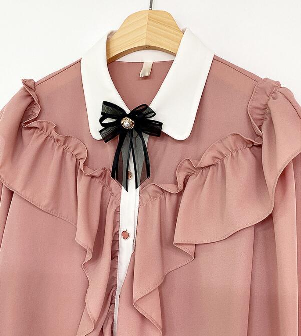 Title 1, Bowknot Solid Color Ruffled Long-sleeved Shirt