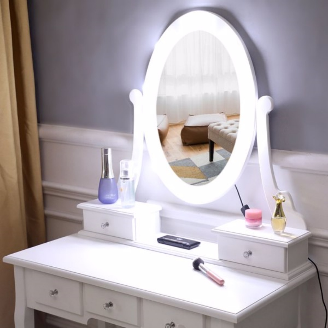 With Light Bulb Single Mirror 5 Drawer Dressing Table White-61588080,60709581 3