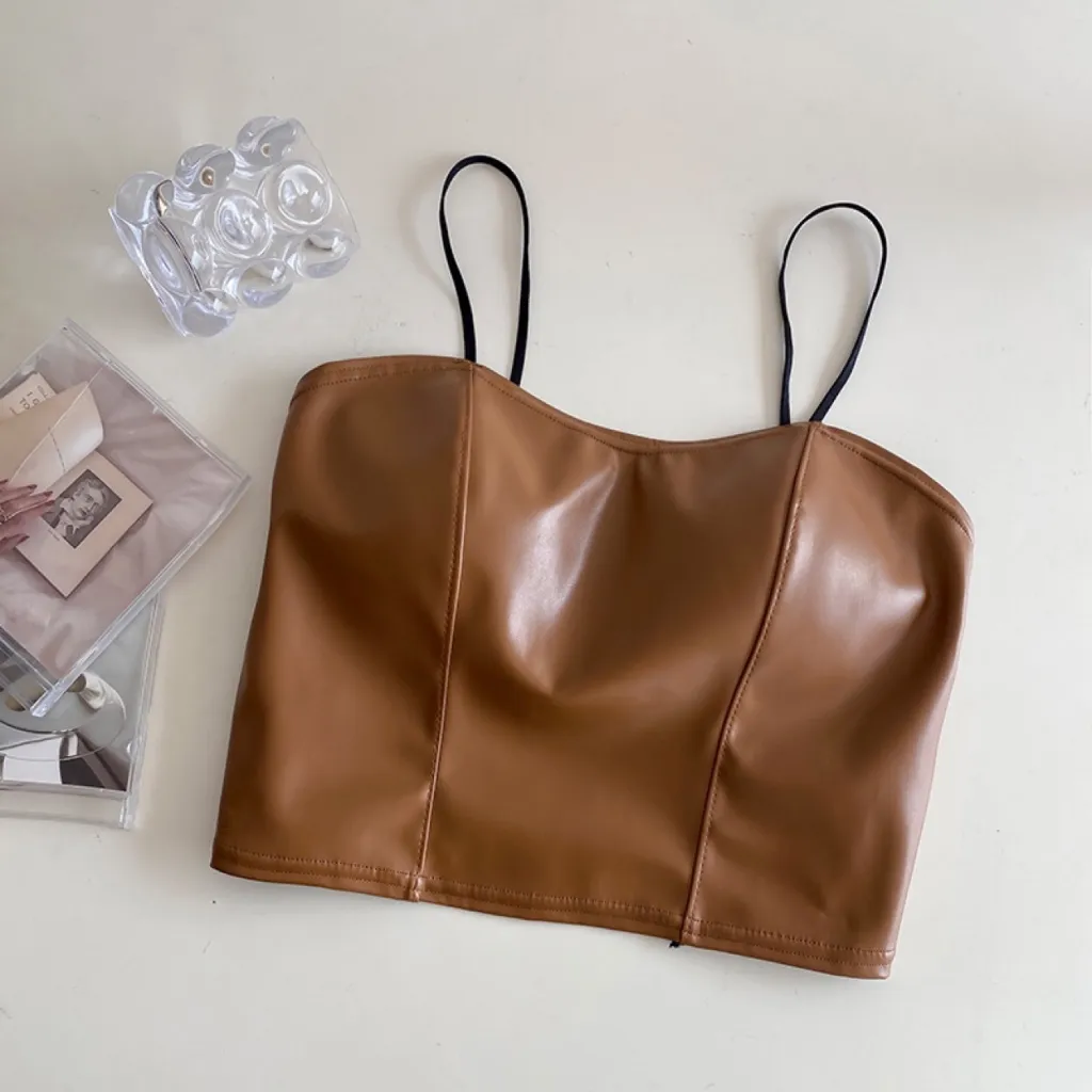 Retro Leather Vest Women Wear Short Stretch - Brown