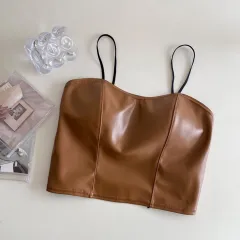 Retro Leather Vest Women Wear Short Stretch - Brown - View 1