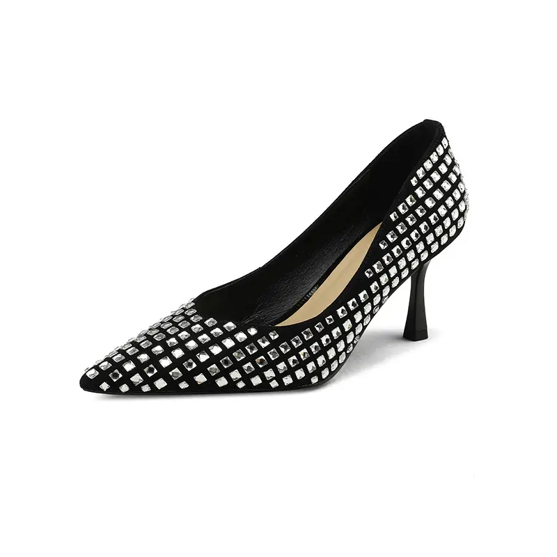 Black Rhinestone French Sheepskin Pointed Fine Heel Small High Heels