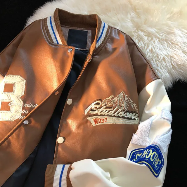 Men's Street Loose Colorblock Baseball Jacket Brown - Shop at LoveMi