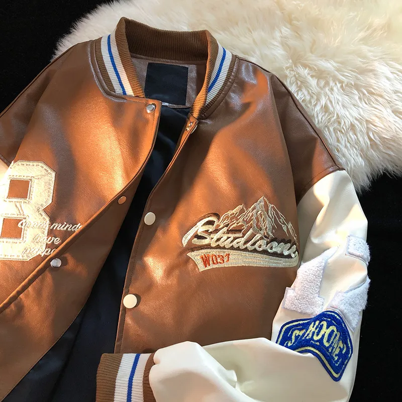 Men's Street Loose Colourblock Baseball Jacket - Brown