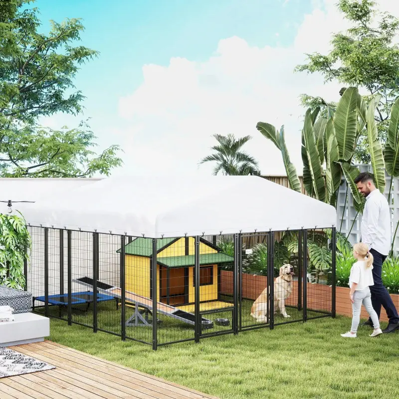 9.8' X 9.8' X 6'Outdoor Dog Kennel, Dog Kennel Outside Run With 360 Rotating Bowls, Waterproof & UV Resistant CoverMultiple Packages