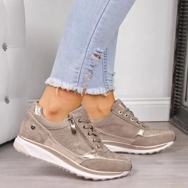 Pure Color Rhinestone Sports Running Shoes Beige - Shop at LoveMi