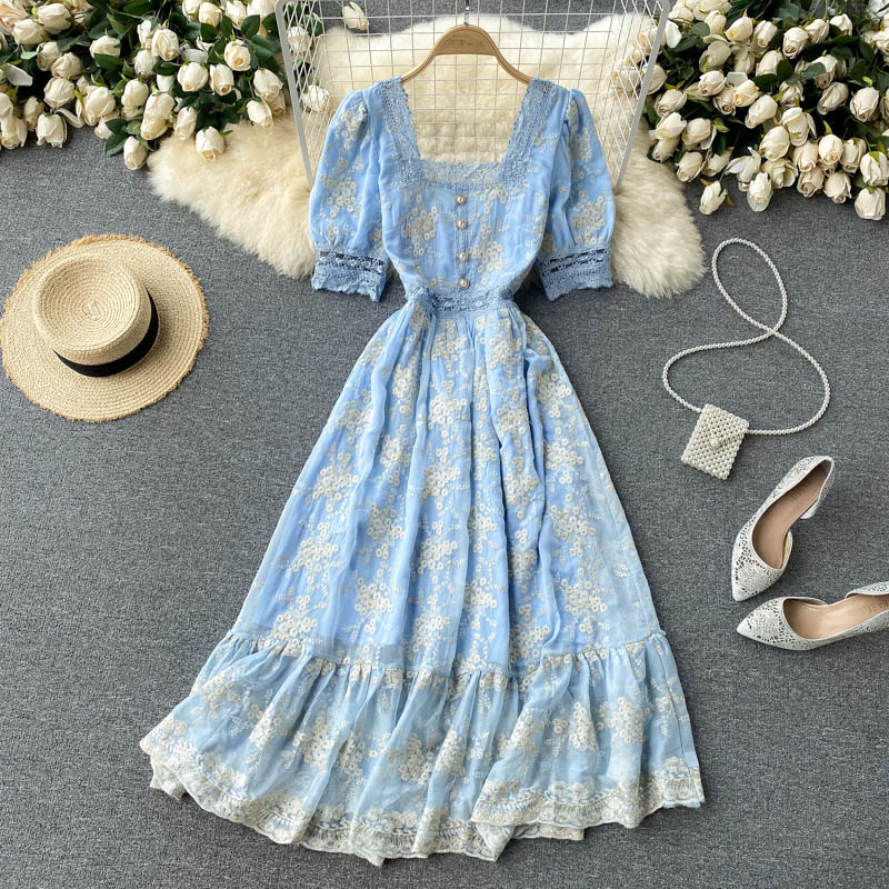 Women's Vintage Heavy Duty Embroidered Lace Square Neck Slim Fit Mid Length Ruffle… — image 1