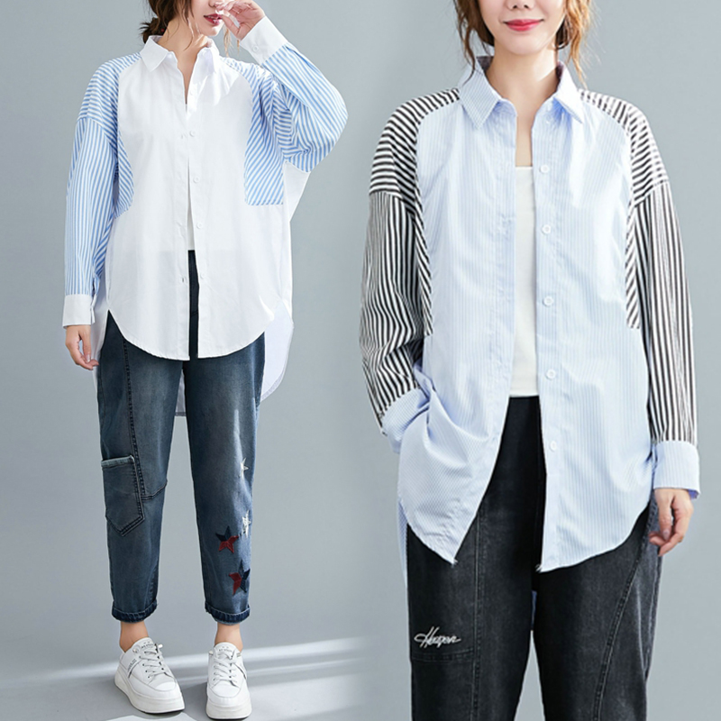 Title 7, Plus Fat Striped Stitching Shirt Fat MM Plus Size