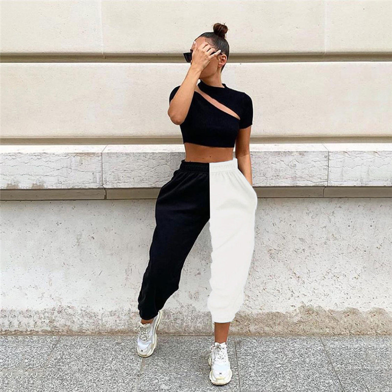 Fashion High Waist Contrast Color Splicing Casual Pants Hip Hop Women's Pants Black - Shop at LoveMi