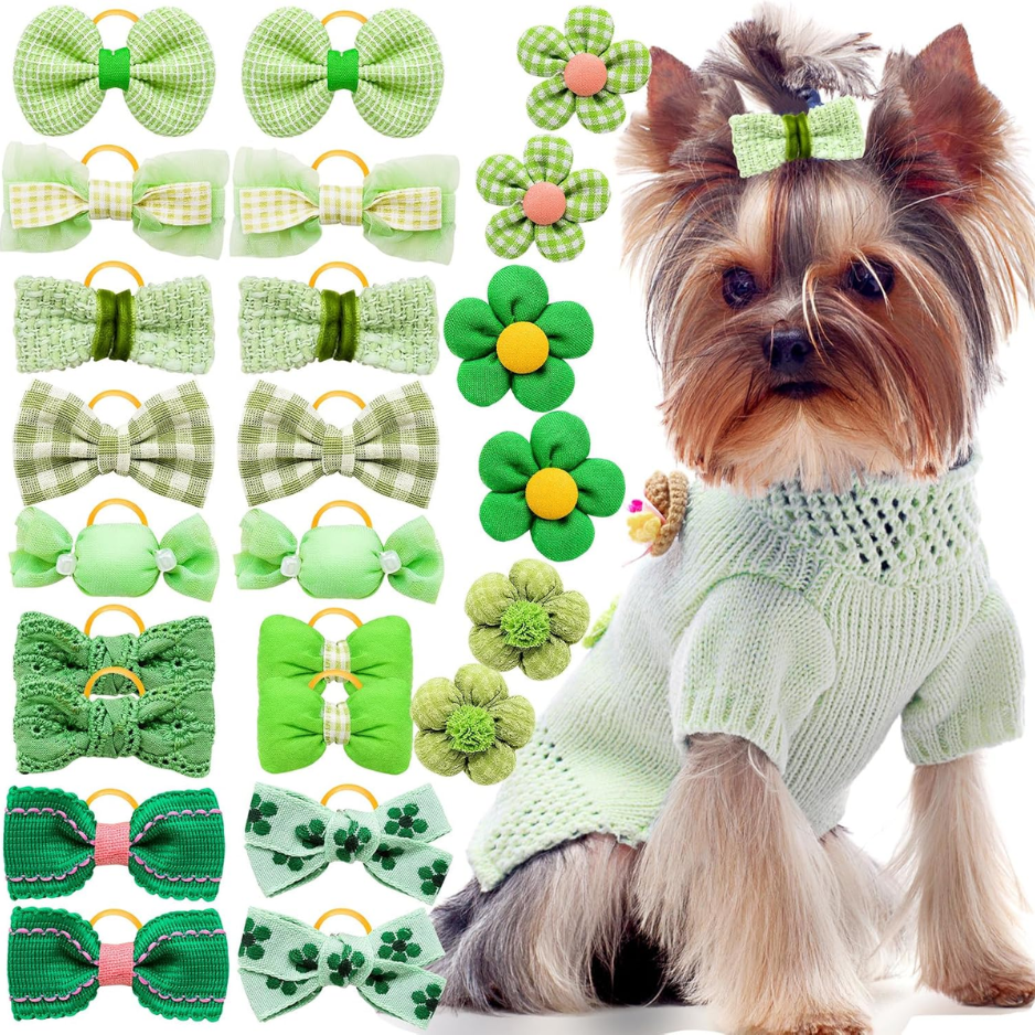 20Pcs Green Dog Hair Bows With Rubber Bands For Small Medium Dogs