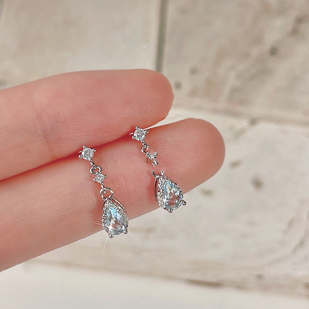 Micro Inlaid Zircon Silver Needle Light Blue Tear-shaped Ear Studs