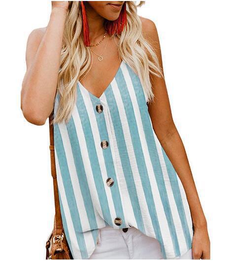 Camisole Striped V-Neck Buttoned Sleeveless Shirt Women's Tank Top