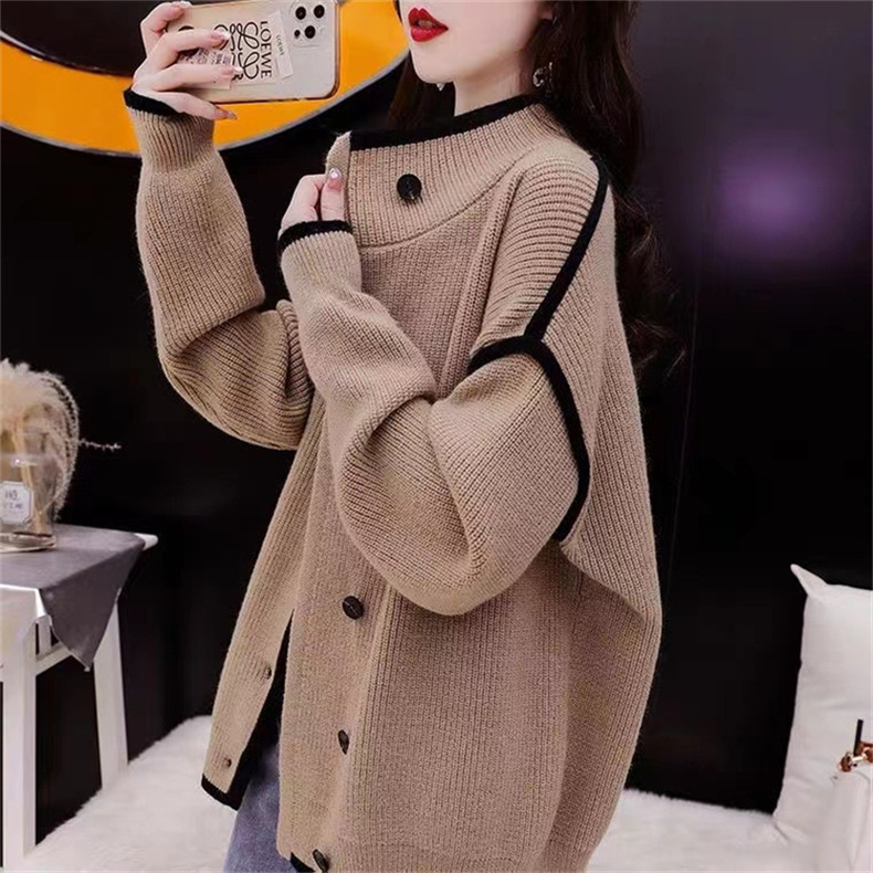 Fashion Colorblock Stand Collar Fashionable Sweater Women