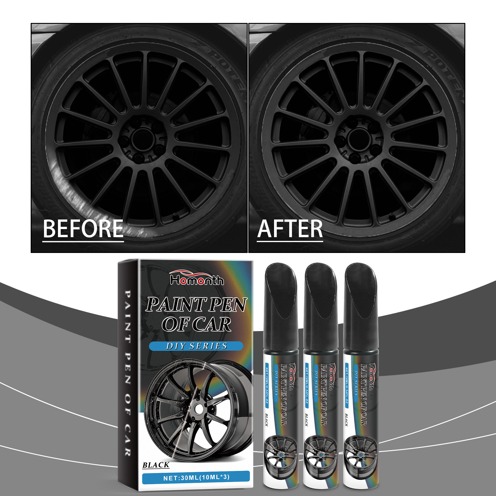 Car Paint Scratches, Dirt Removal, Repair, Touch Up Pen, Car Parts, Wheel Hub Scratch Repair Pen  Black  10mlx3 1 Box 2