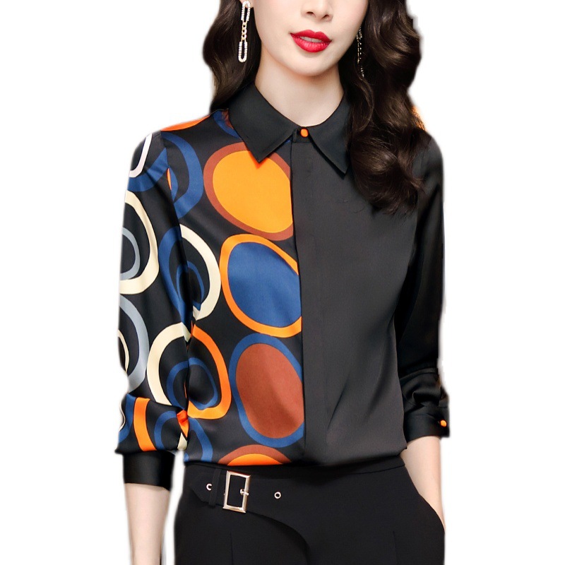 Title 3, Ladies Black Printed Long-sleeved Satin Shirt