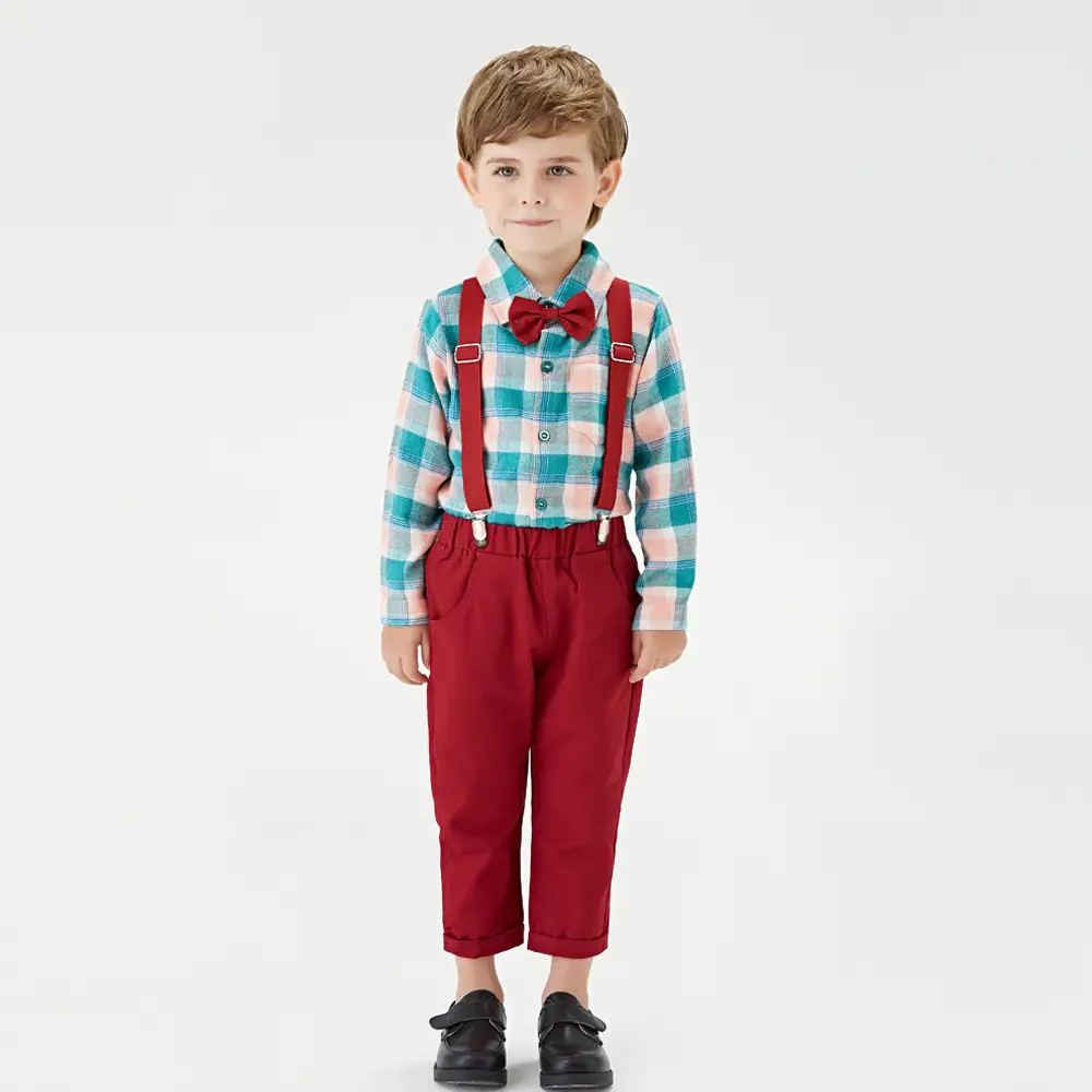 Children's Two-color Plaid Shirt Bib Set