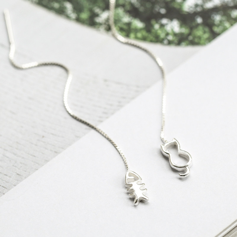 Simple Hollow Cat Fish Ear Line Creative Personality Asymmetric Long Tassel Earrings Korean Style Earrings