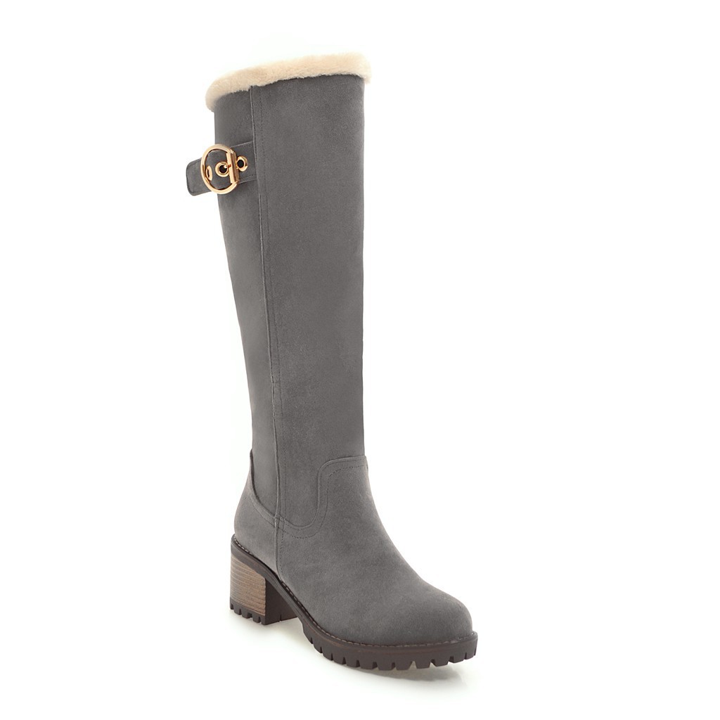 Medium Chunky Heel Suede Buckle Zipper Versatile Warm Knee length Boots Grey - Shop at LoveMi
