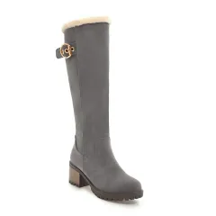 Medium Chunky Heel Suede Buckle Zipper Versatile Warm Knee-length Boots - Grey - View 1