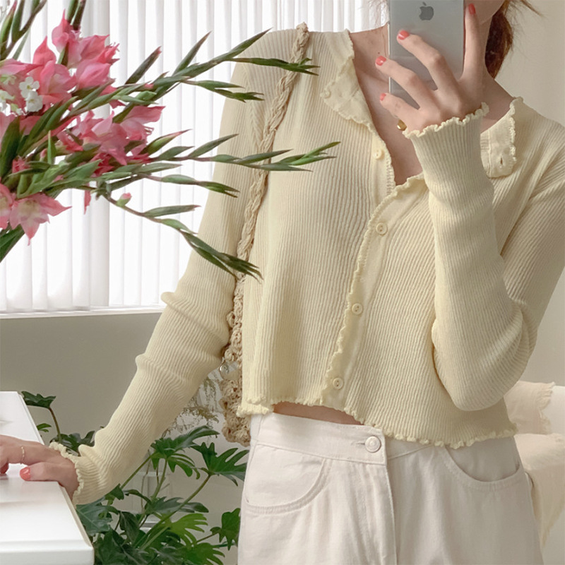 Cute Wood Ear Pit Strips Loose And Thin Knit Long-sleeved Sweater Jacket Women