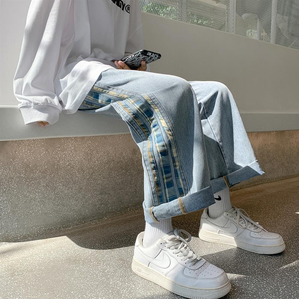 Color Stripe Stitching Sports Wide Leg Men's Jeans