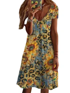 European And American Sunflower Print Dress - F165P1153 - View 1