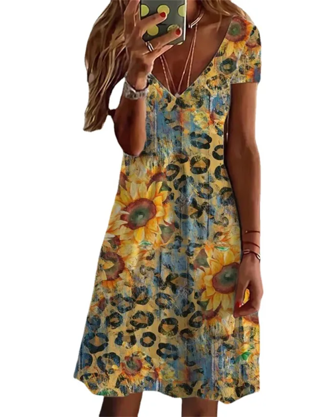 European And American Sunflower Print Dress F165P1153 - Shop at LoveMi