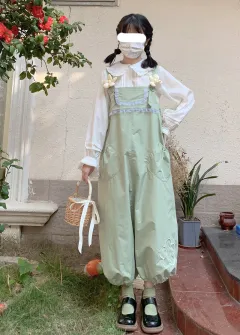 Women's Floral Loose Radish Bud Bib Pants - Green Pants - View 1