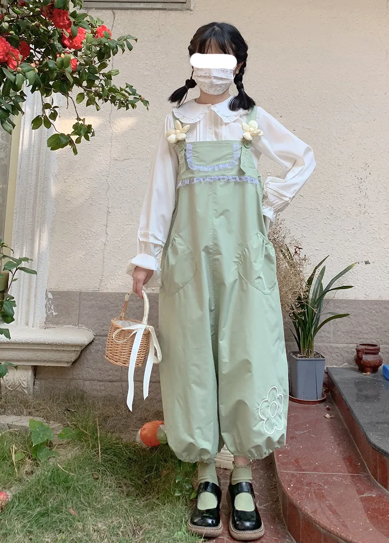 Women's Floral Loose Radish Bud Bib Pants - Green Pants