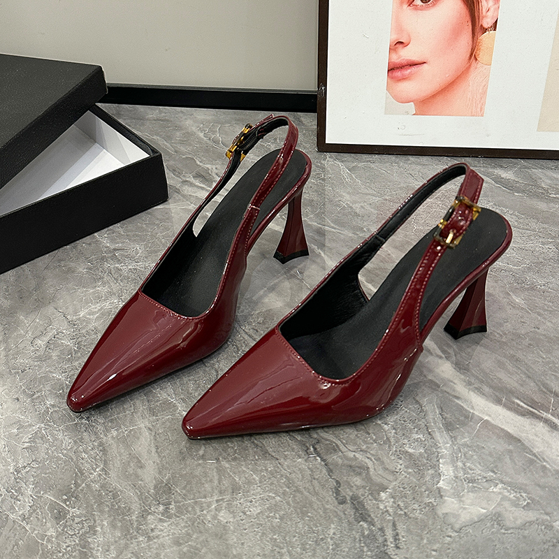 Women One Strap Open Back Patent Leather Heels, Pointed Toe Horseshoe Heel Sandals, Versatile Stiletto Dress Shoes