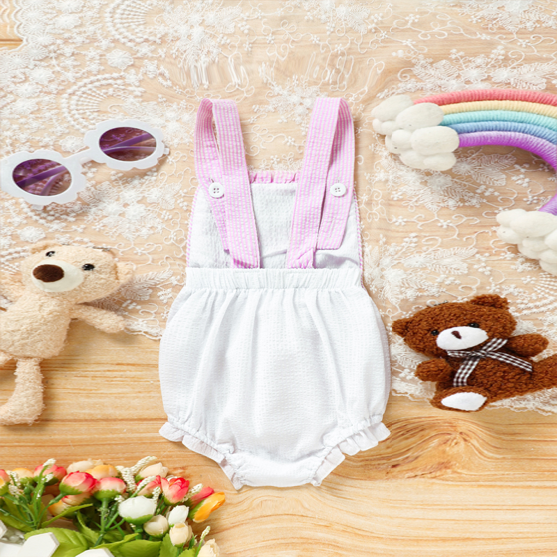 Baby Sweet Bunny Romper, Ruffle Trim Onesie With Adjustable Straps & Snap Closure