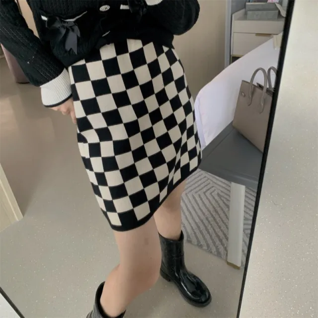 Women's High Waist Black And White Checkerboard Knitted Skirt Black - Shop at LoveMi