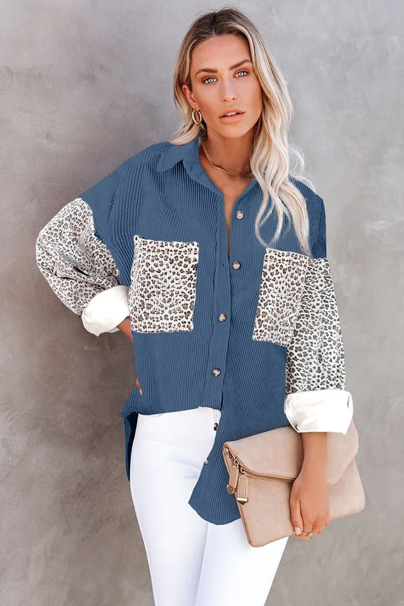 Leopard Print Women's Shirt Lapel Pit Strip Casual Jacket - Navy