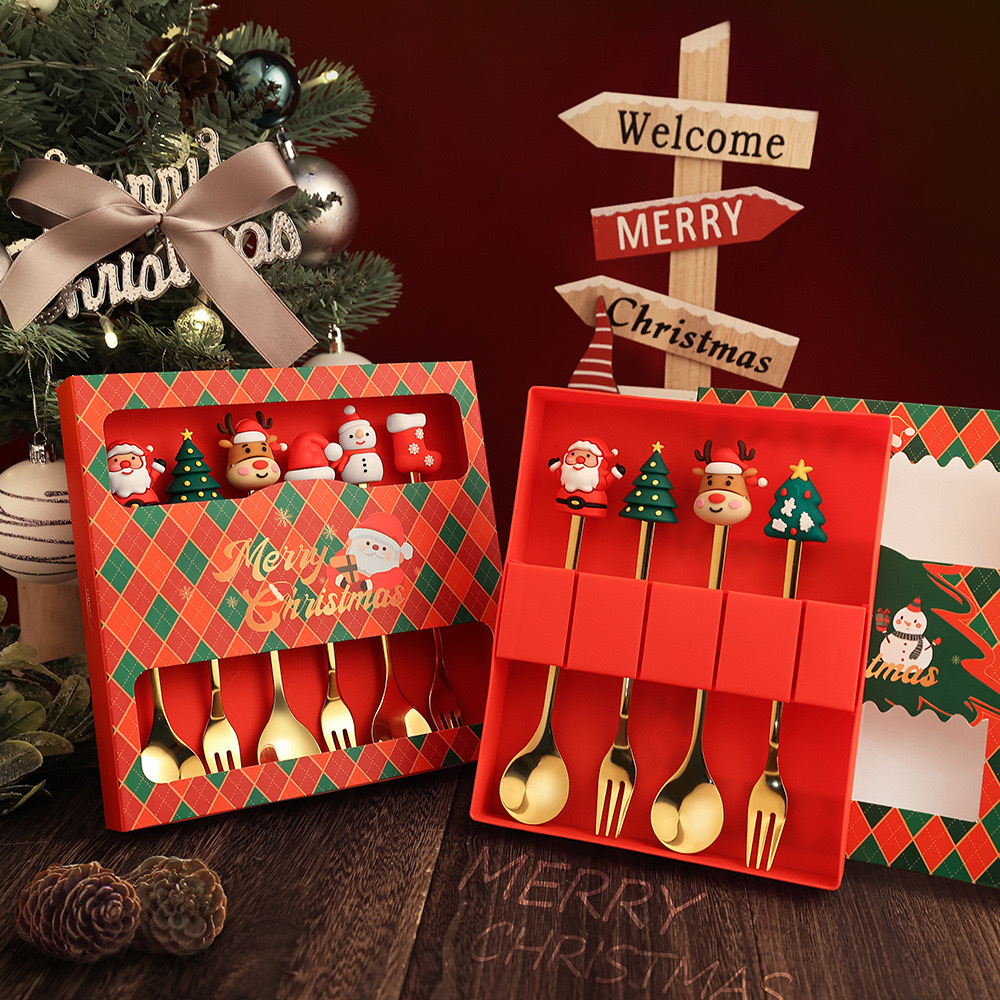 Stainless Steel Christmas Spoon And Fork Set, Creative Gift Tableware, Cute Christmas Tree & Snowman Coffee Spoons