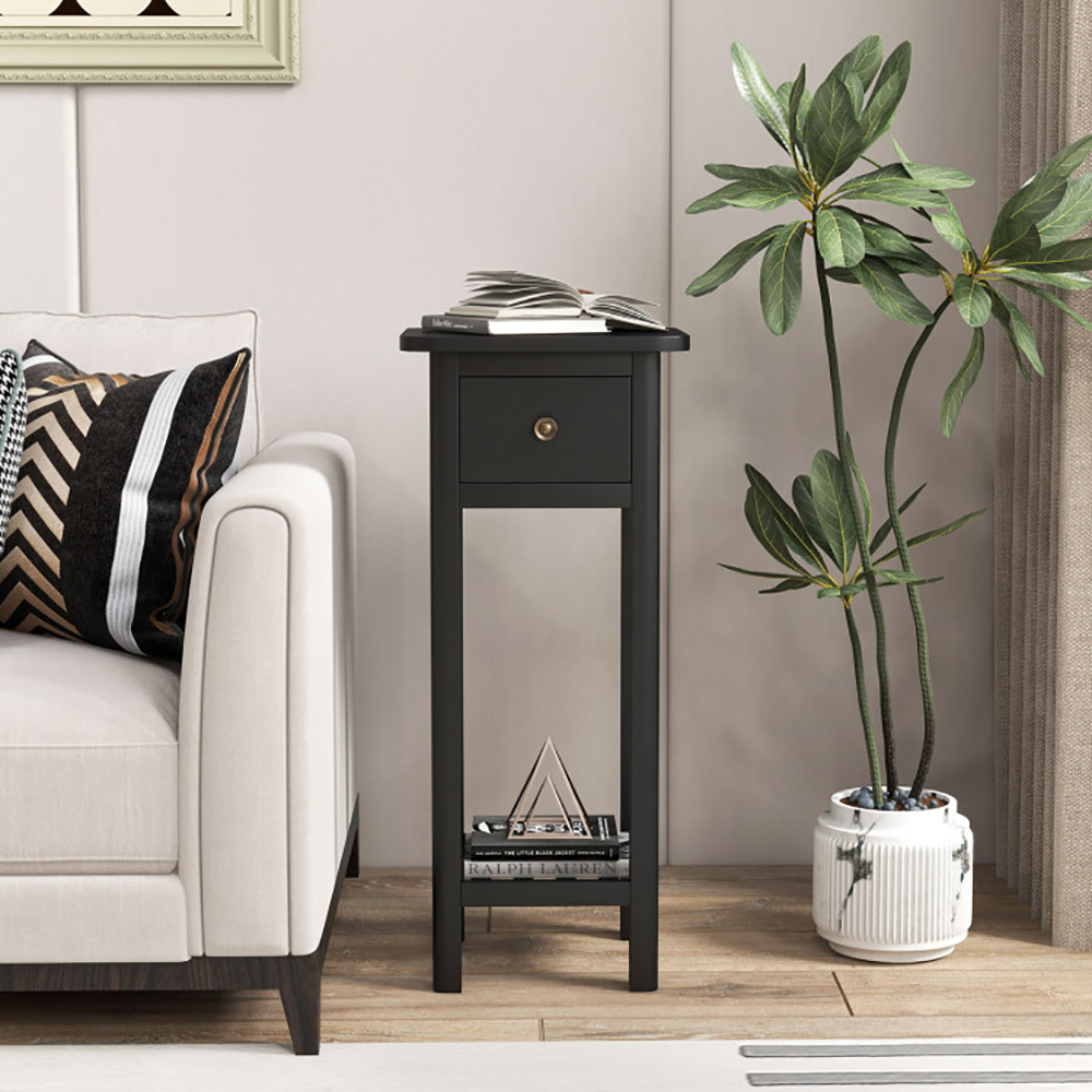 2 Tier Slim Nightstand Bedside Table With Drawer Shelf_voghion.com