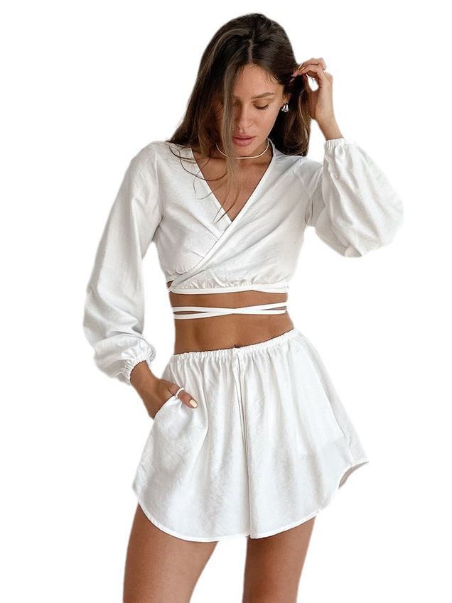 Women's Temperament Leisure Vest Long Sleeve V-neck Lace-up Wide Leg Pants Suit